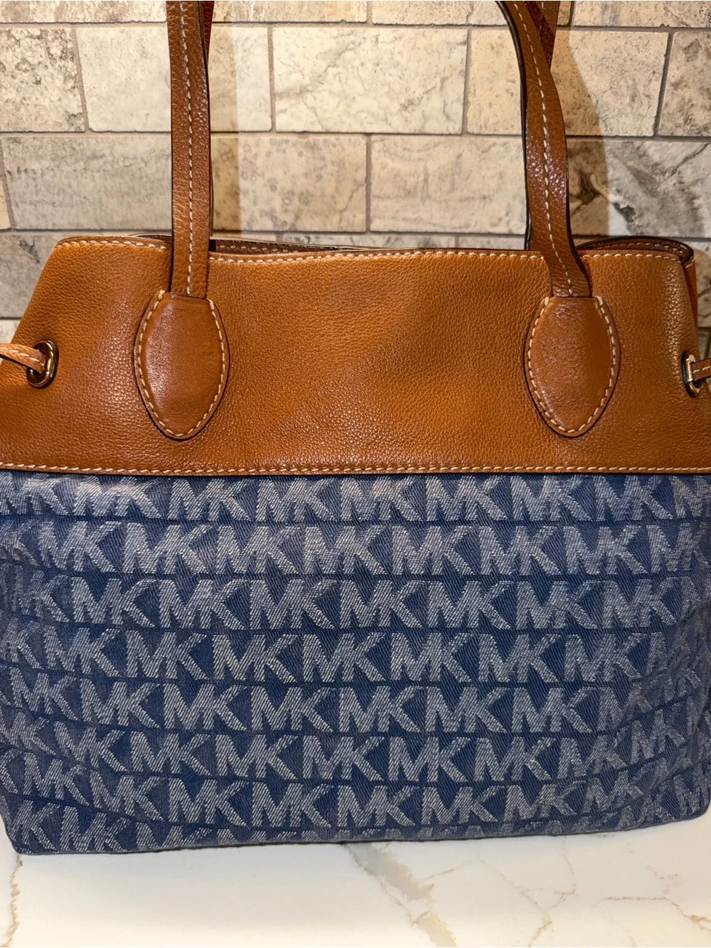 Michael Kors Denim MK Logo Canvas and Brown Leather Shoulder Bag